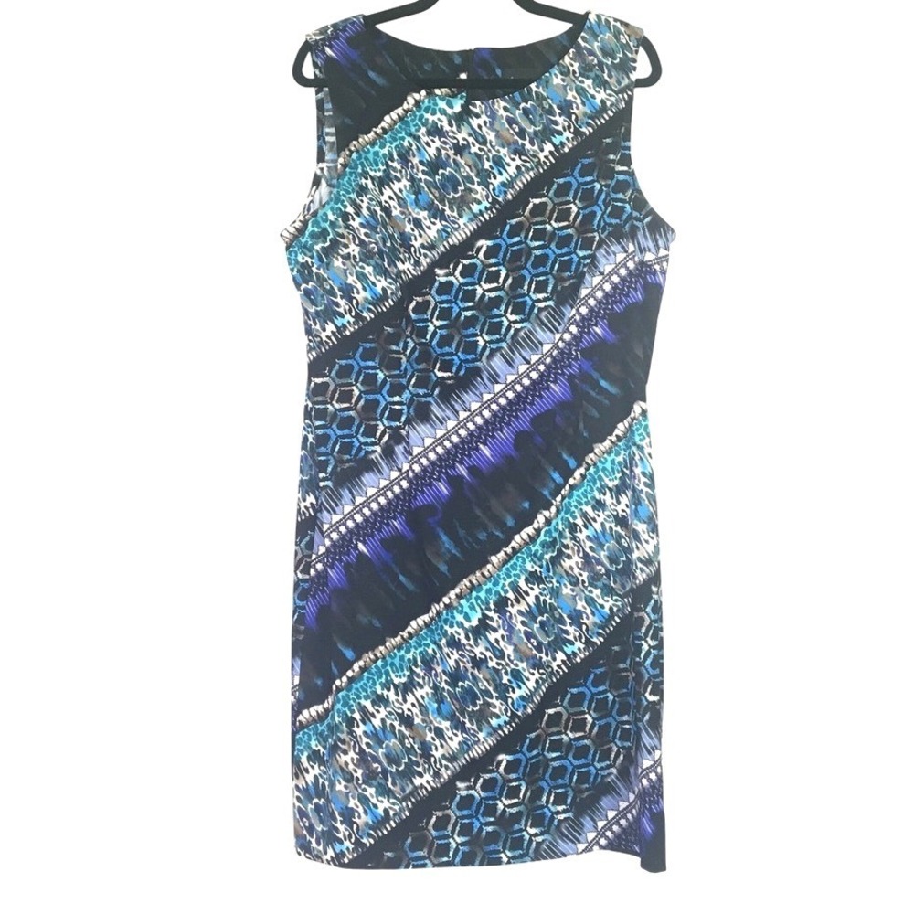 Connected Apparel Animal Print Stripe Geometric Sheath Dress 16 Blue Teal